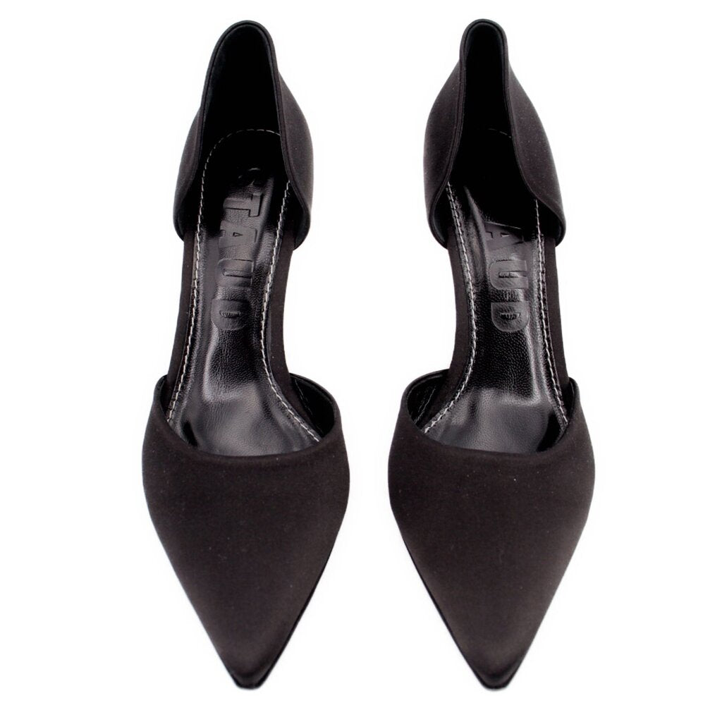 Pair of black satin pointed-toe pumps with open back, inner lining, and stiletto heels