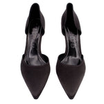 Pair of black satin pointed-toe pumps with open back, inner lining, and stiletto heels