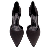 Pair of black satin pointed-toe pumps with open back, inner lining, and stiletto heels