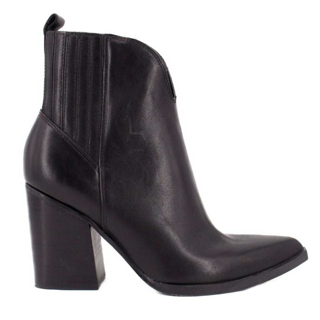Black heeled booties with stacked block heel, side gusset, and sleek profile