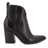 Black heeled ankle boot with stitched side panel detail and stacked block heel.