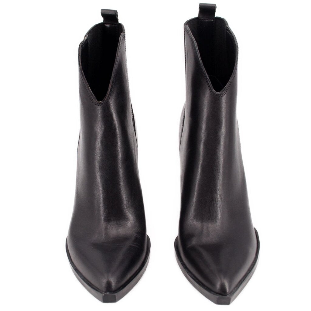 Pair of black heeled ankle booties with elastic side panels and pull-tab opening