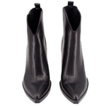 Pair of black heeled ankle booties with elastic side panels and pull-tab opening