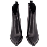 Pair of black heeled ankle booties with elastic side panels and pull-tab opening