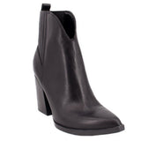 Black heeled ankle boot with side elastic panels and pointed toe.