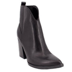 Black leather heeled ankle booties with side gusset and pull-on design
