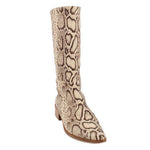 Tall snake-print boots in cream/tan with mid-calf shaft and low block heel