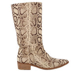 Tall snake-print boots with pointed toe, mid-calf shaft, and low block heel