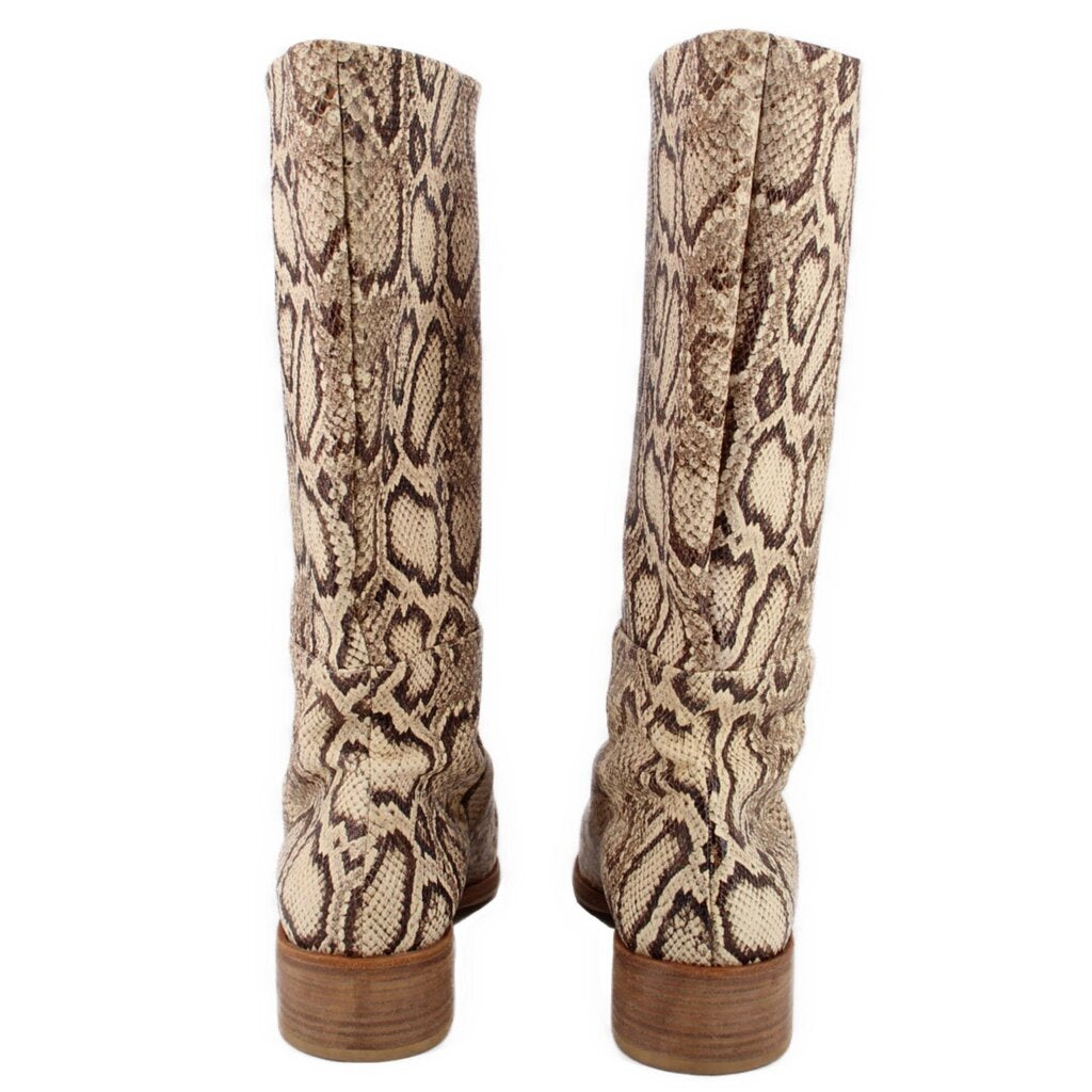 Tall snake-print boots rear view, mid-calf shaft with low stacked heels