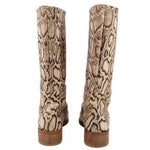 Tall snake-print boots rear view, mid-calf shaft with low stacked heels