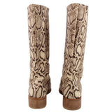 Tall snake-print boots rear view, mid-calf shaft with low stacked heels