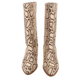 Pair of tall snake-print boots with mid-calf height and low block heels