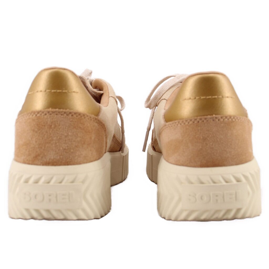 Tan suede sneakers, heel view, chunky platform sole