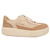 Tan suede sneakers with side logo and platform sole