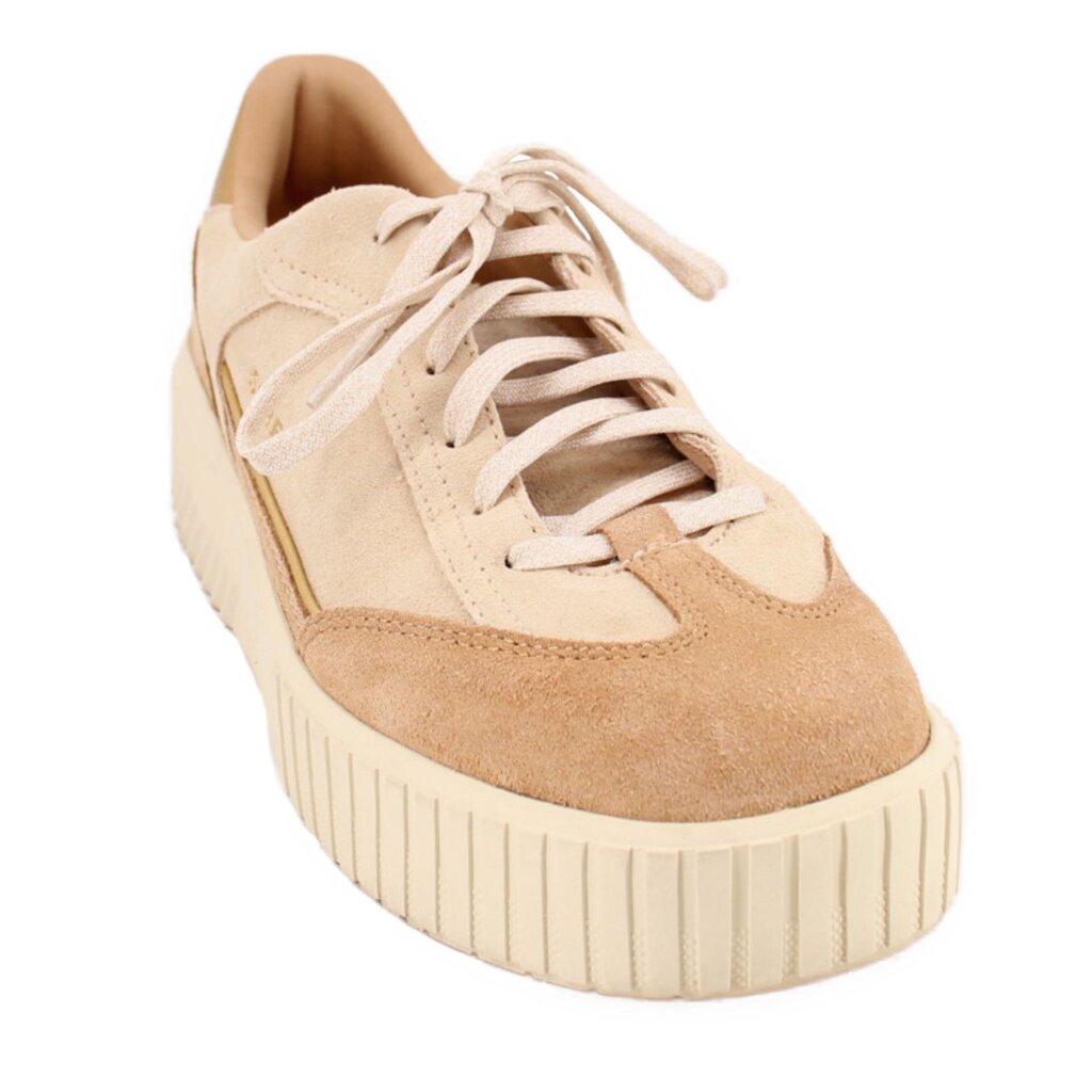 Tan suede lace-up sneakers with platform rubber sole