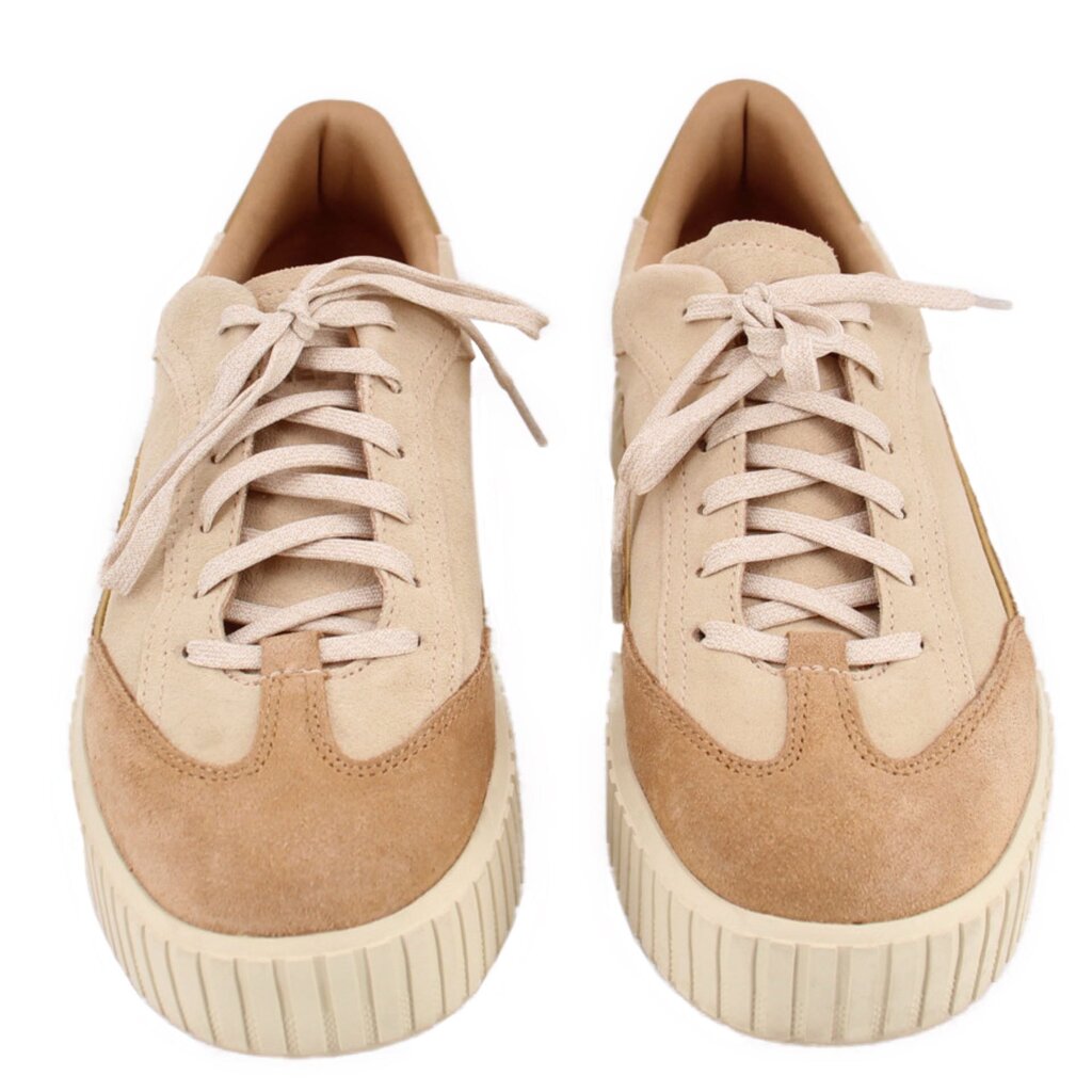 Tan suede lace-up sneakers, front view, cushioned tongue