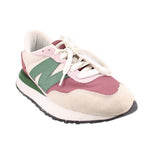 Color-block sneakers with cream suede, maroon toe, green side panels, white laces