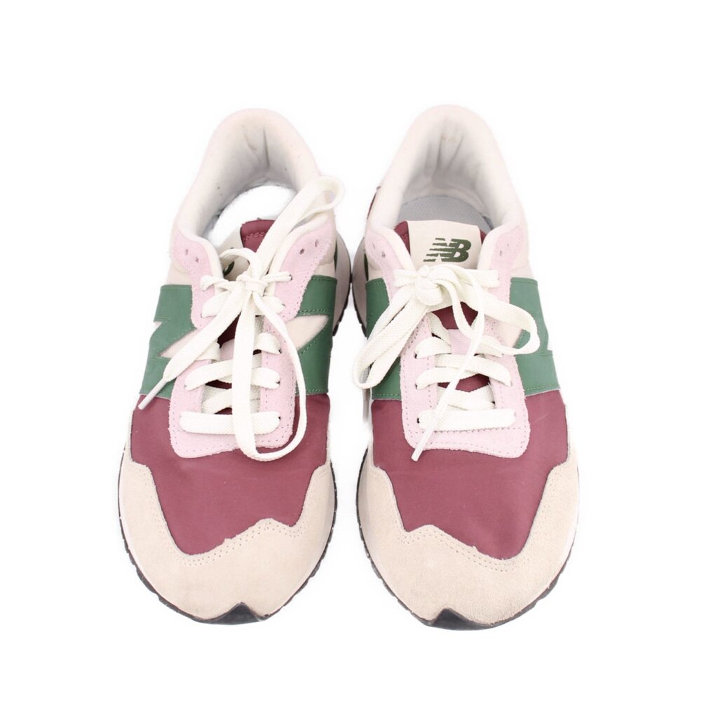 New Balance 237 sneakers front view pair, white laces, green panels and maroon toe