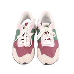 New Balance 237 sneakers front view pair, white laces, green panels and maroon toe