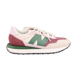 New Balance 237 low-top sneakers side view, beige and maroon with green accents, white laces