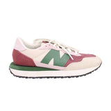 New Balance 237 low-top sneakers side view, beige and maroon with green accents, white laces