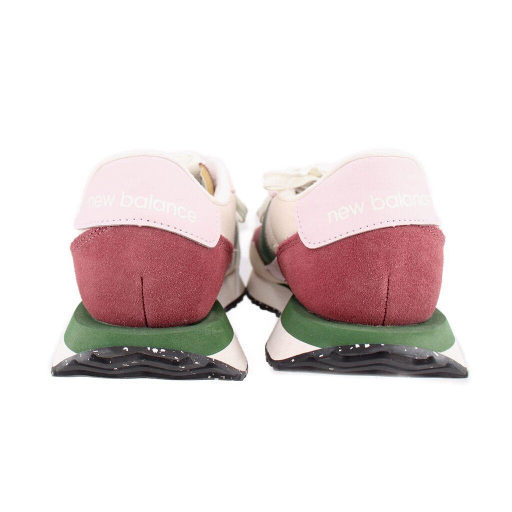 New Balance 237 sneakers heel view, "new balance" on back, maroon and green details