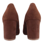 MARC FISHER suede heels, brown back view with stacked block heel