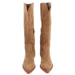 Pair of camel suede knee-high boots with pointed toe and stacked heel