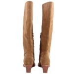 Camel suede knee-high boots, back view, low stacked heel with pull-on panel