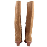 Camel suede knee-high boots, back view, low stacked heel with pull-on panel