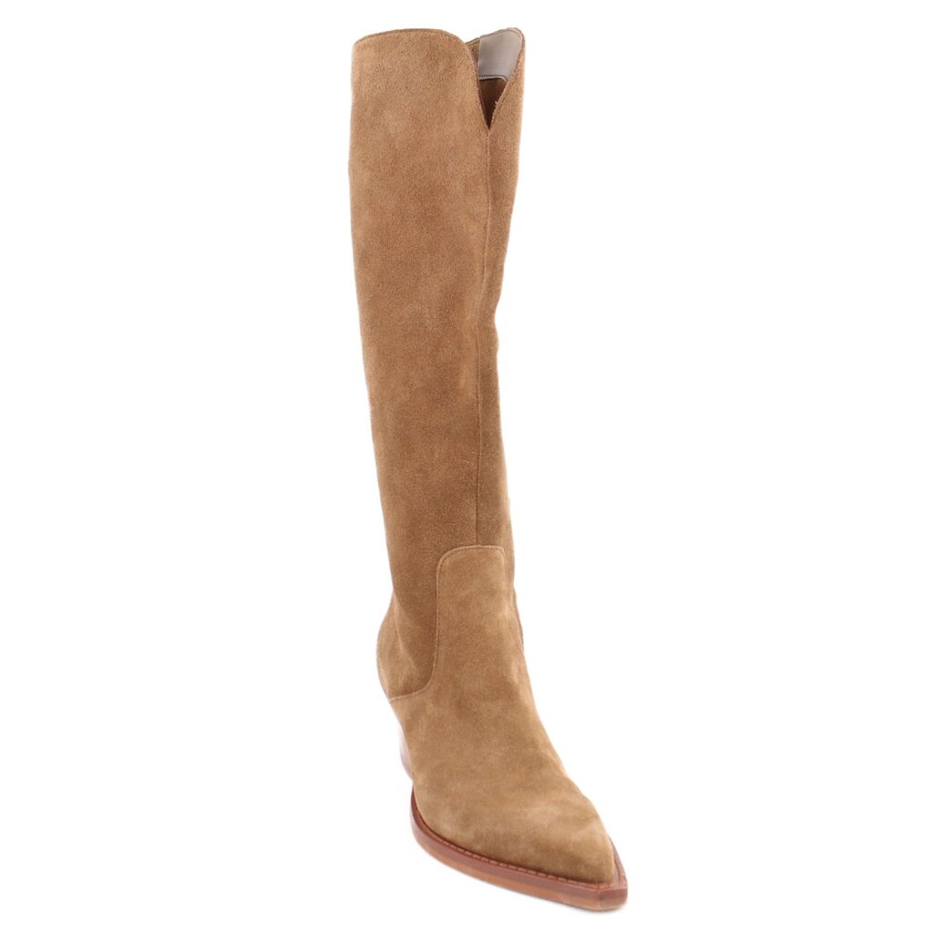 Camel suede knee-high boots with pointed toe and low stacked heel
