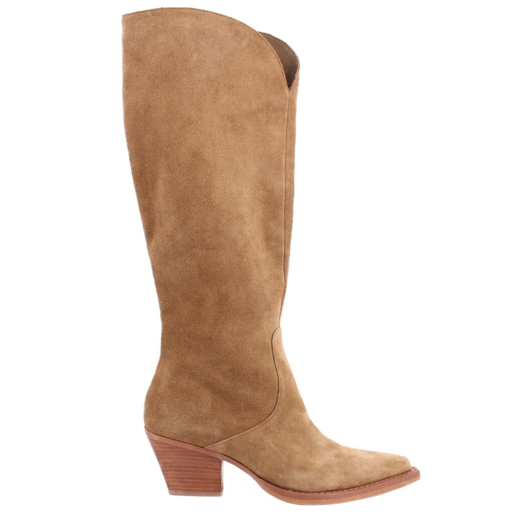 Camel suede knee-high boots, side view, low block heel and pull-on opening