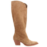 Camel suede knee-high boots, side view, low block heel and pull-on opening
