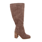 Brown suede knee-high boots with stacked block heel and rounded toe