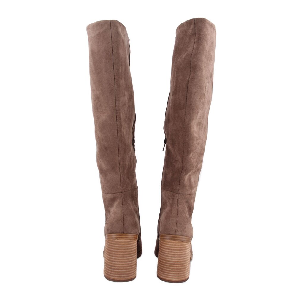 Pair of brown suede knee-high heeled boots with tall shafts and stacked heels