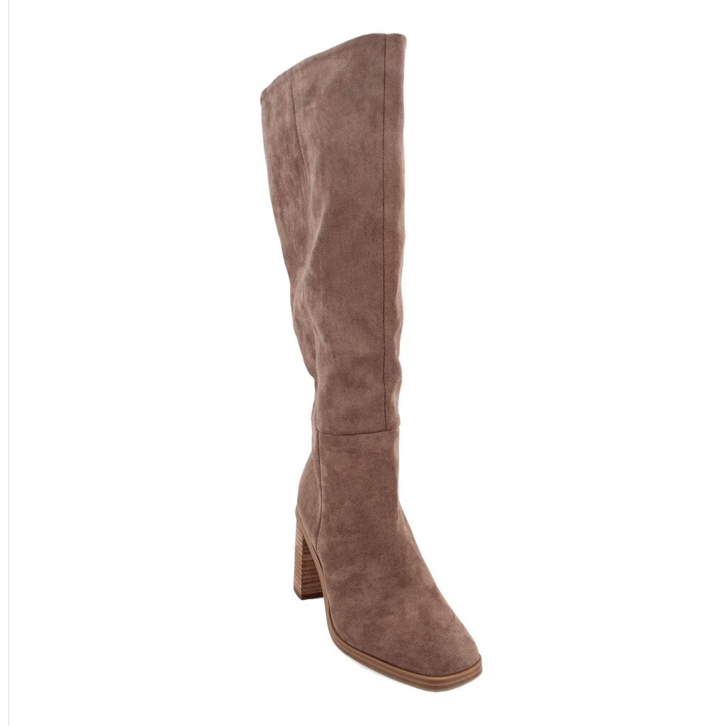 Knee-high heeled boots in brown suede with block heel and pull-on fit