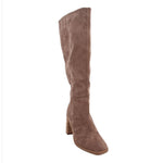 Knee-high heeled boots in brown suede with block heel and pull-on fit