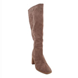 Knee-high heeled boots in brown suede with block heel and pull-on fit