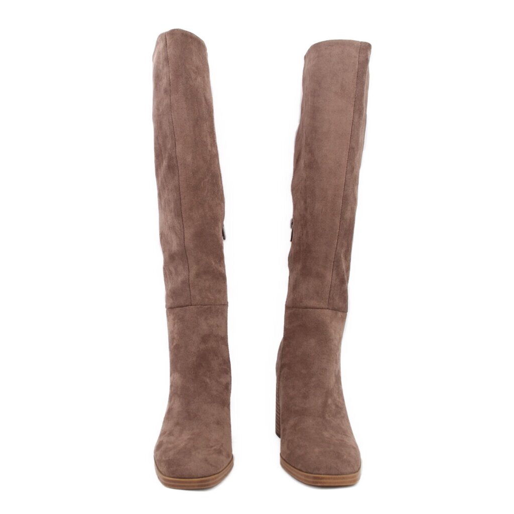Brown suede knee-high heeled boots shown from front angle with block heel