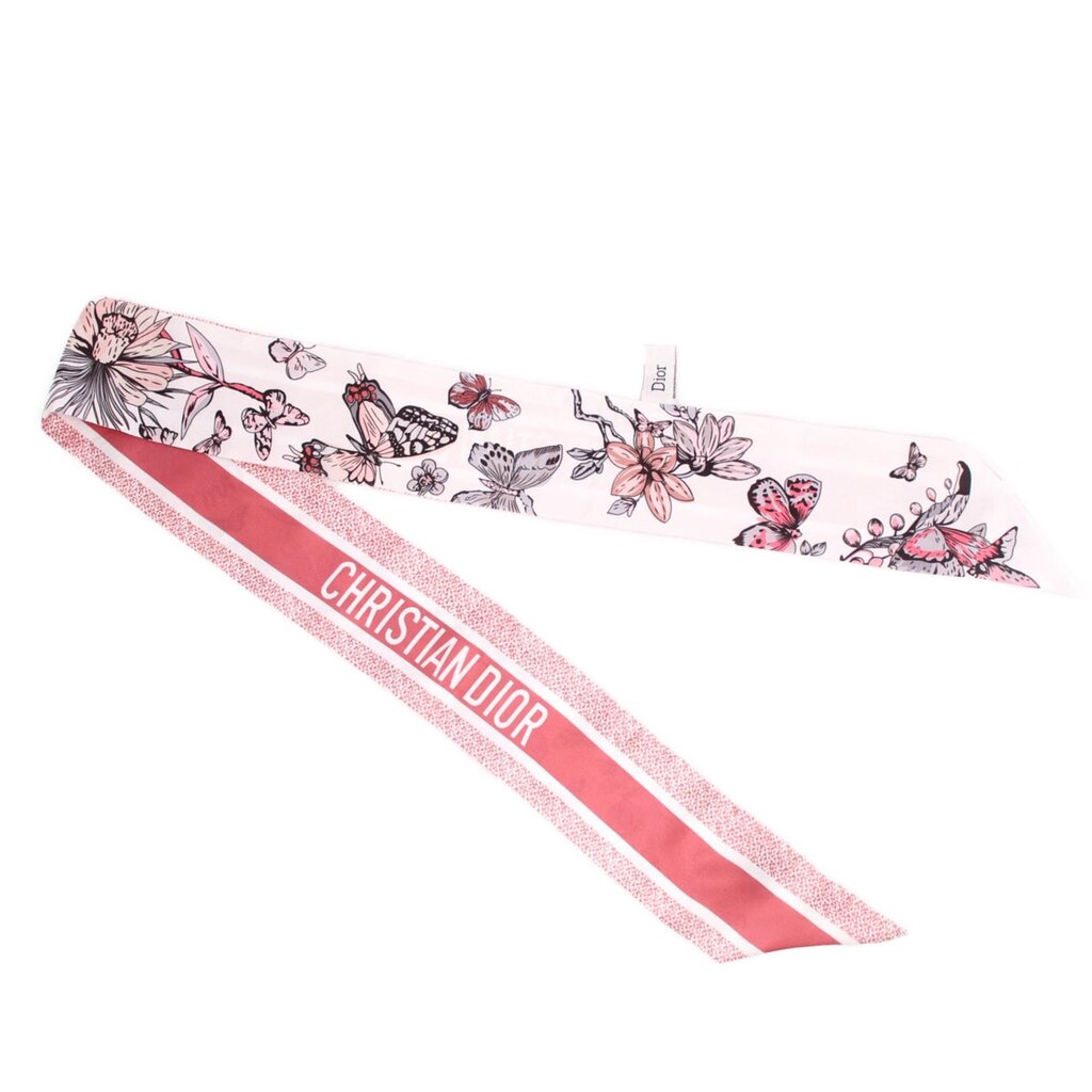 Silk scarf with rose and gray floral butterfly print and Dior logo stripe