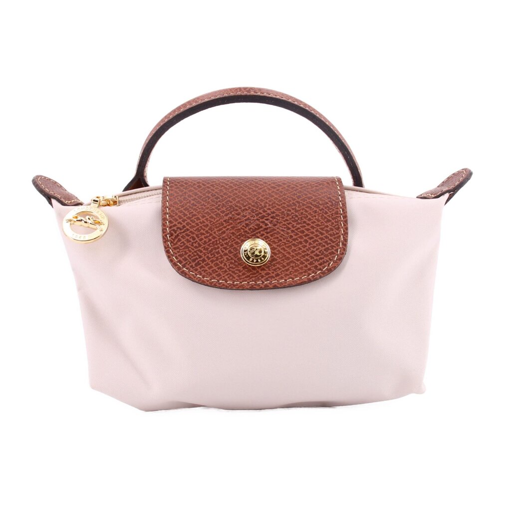 Beige fabric pouch with brown leather top flap and gold-tone clasp