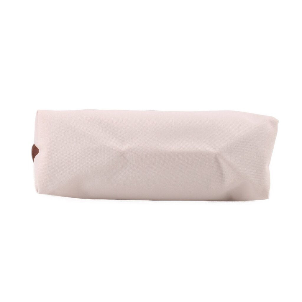 Beige fabric pouch with zippered top and curved front panel