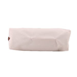 Beige fabric pouch with zippered top and curved front panel