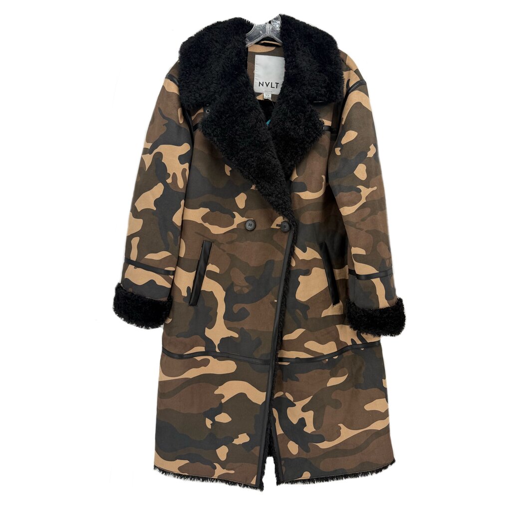 Camo print outerwear coat with black faux fur trim, zip front and side pockets