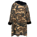 Camouflage long outerwear coat with black faux fur trim and sheer panels