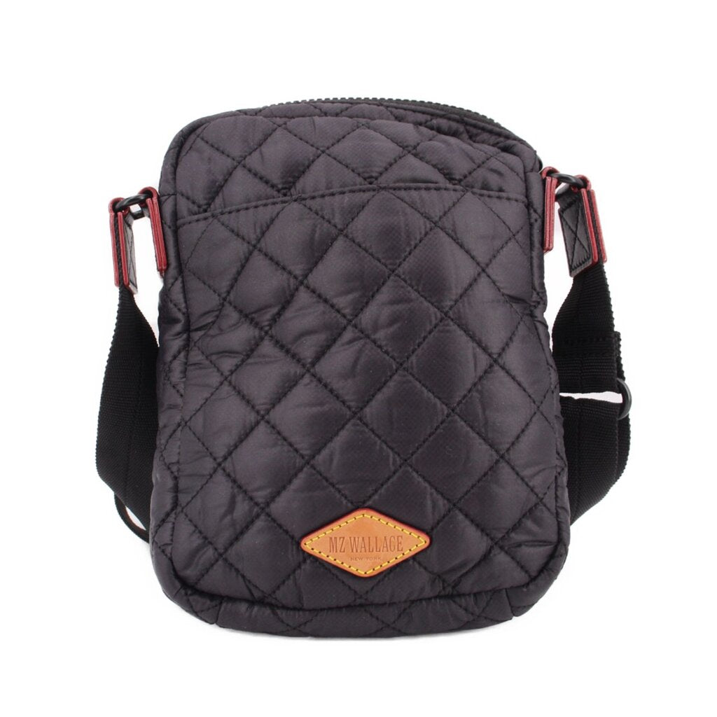 Quilted black phone crossbody bag front with MZ WALLACE patch and adjustable strap