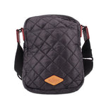 Quilted black phone crossbody bag front with MZ WALLACE patch and adjustable strap