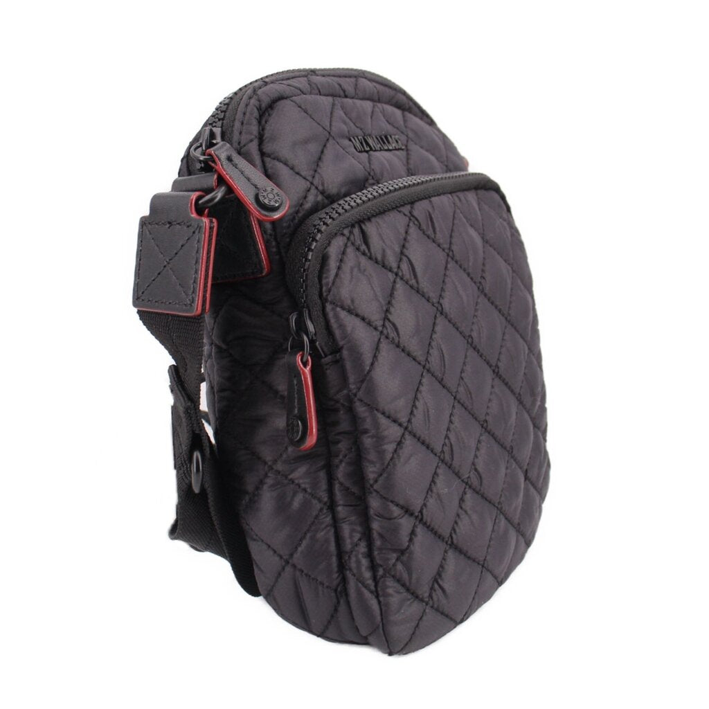 Quilted black phone crossbody bag side view with red-trim zipper pulls and strap