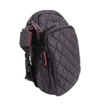 Quilted black phone crossbody bag side view with red-trim zipper pulls and strap
