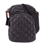 Quilted black phone crossbody bag with top flap and adjustable shoulder strap
